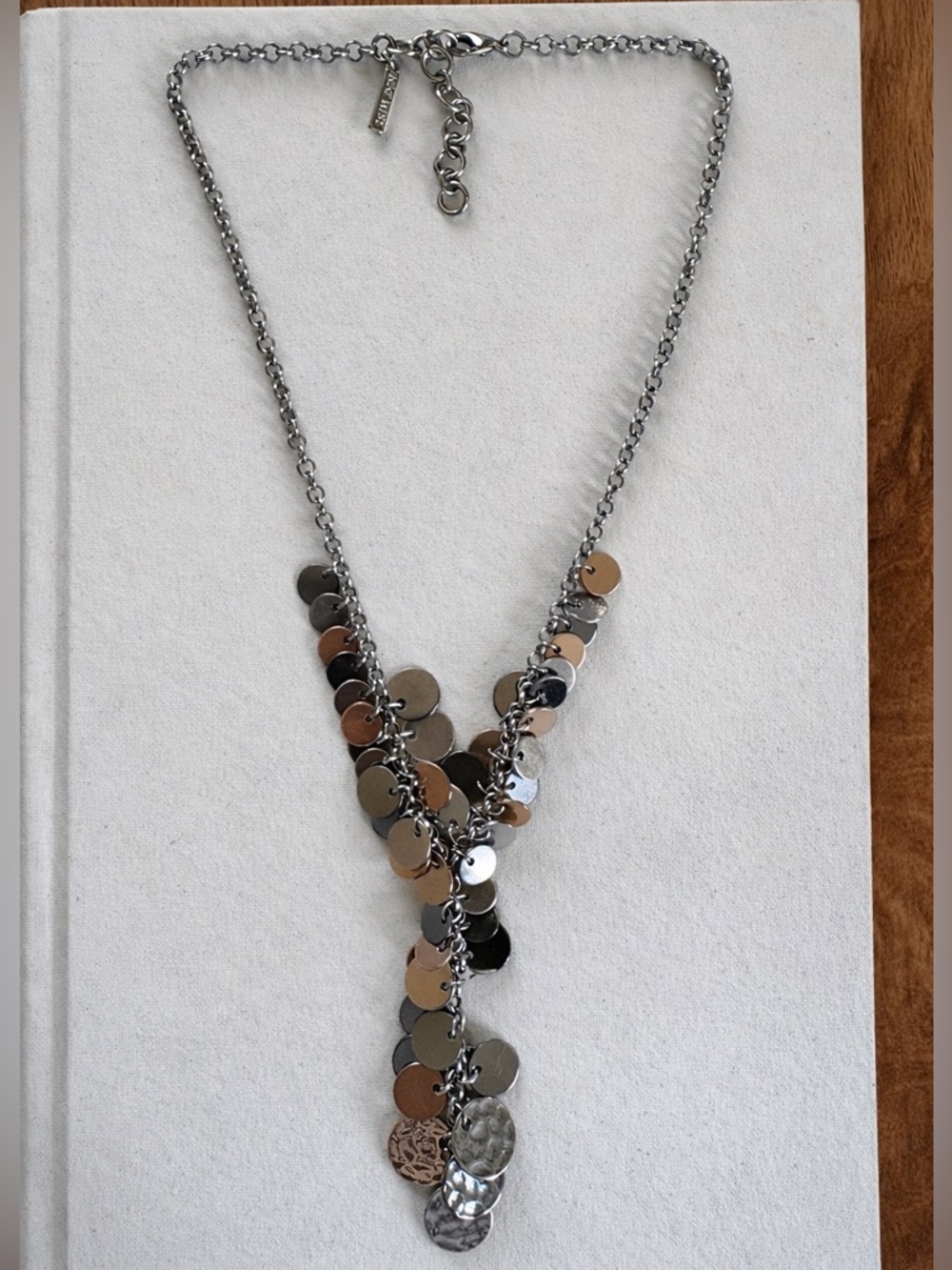 Silver Disc Y-Necklace with Cascading Charms - Women's Jewelry
